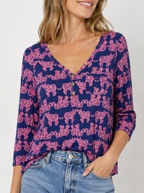 Pink Elephant Print V Neck Top Navy 3/4 Sleeve Stretch Casual Blouse
